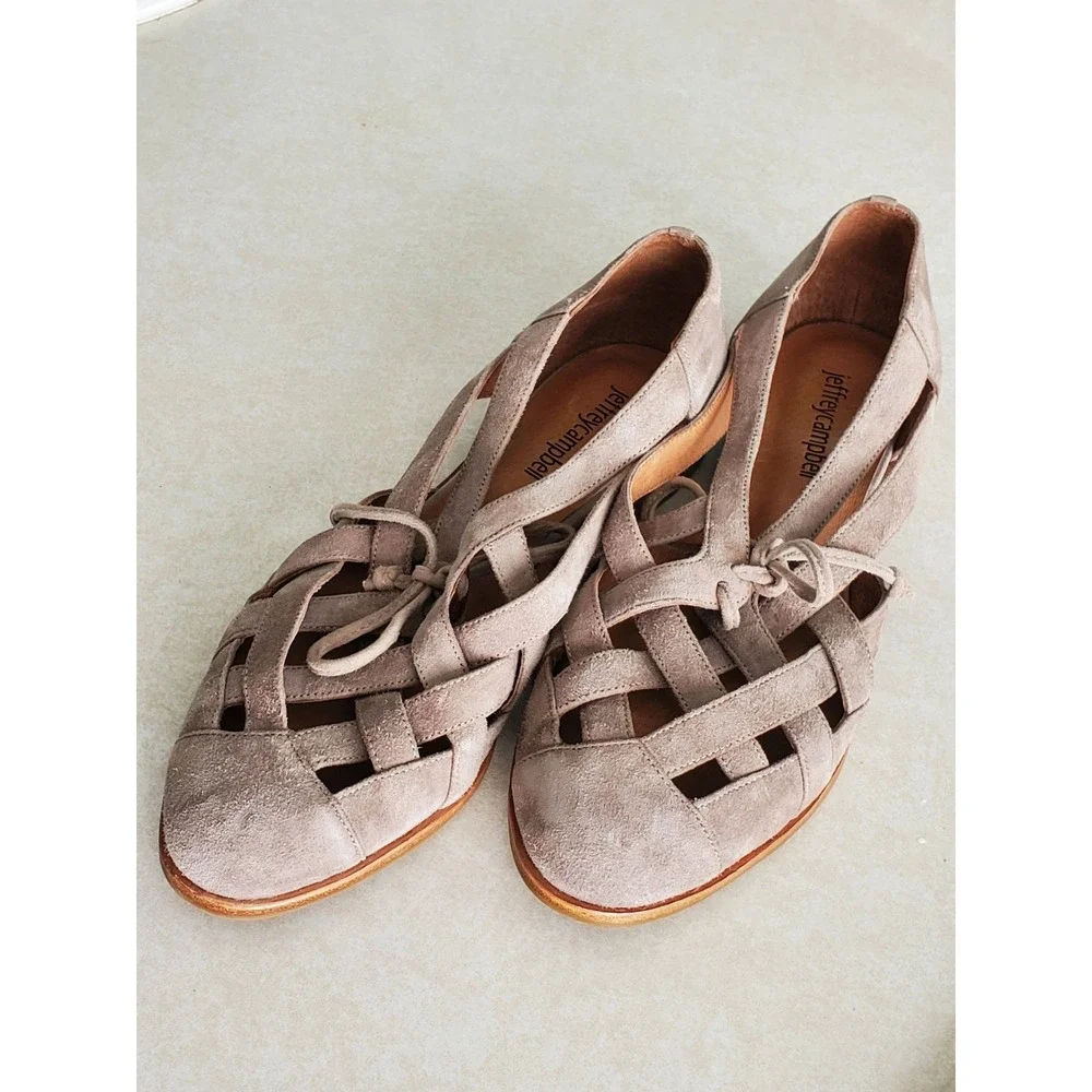 Jeffrey Campbell Canela Flats Taupe Suede Woven Huarache Sandals Size 6.5 Boho‎
